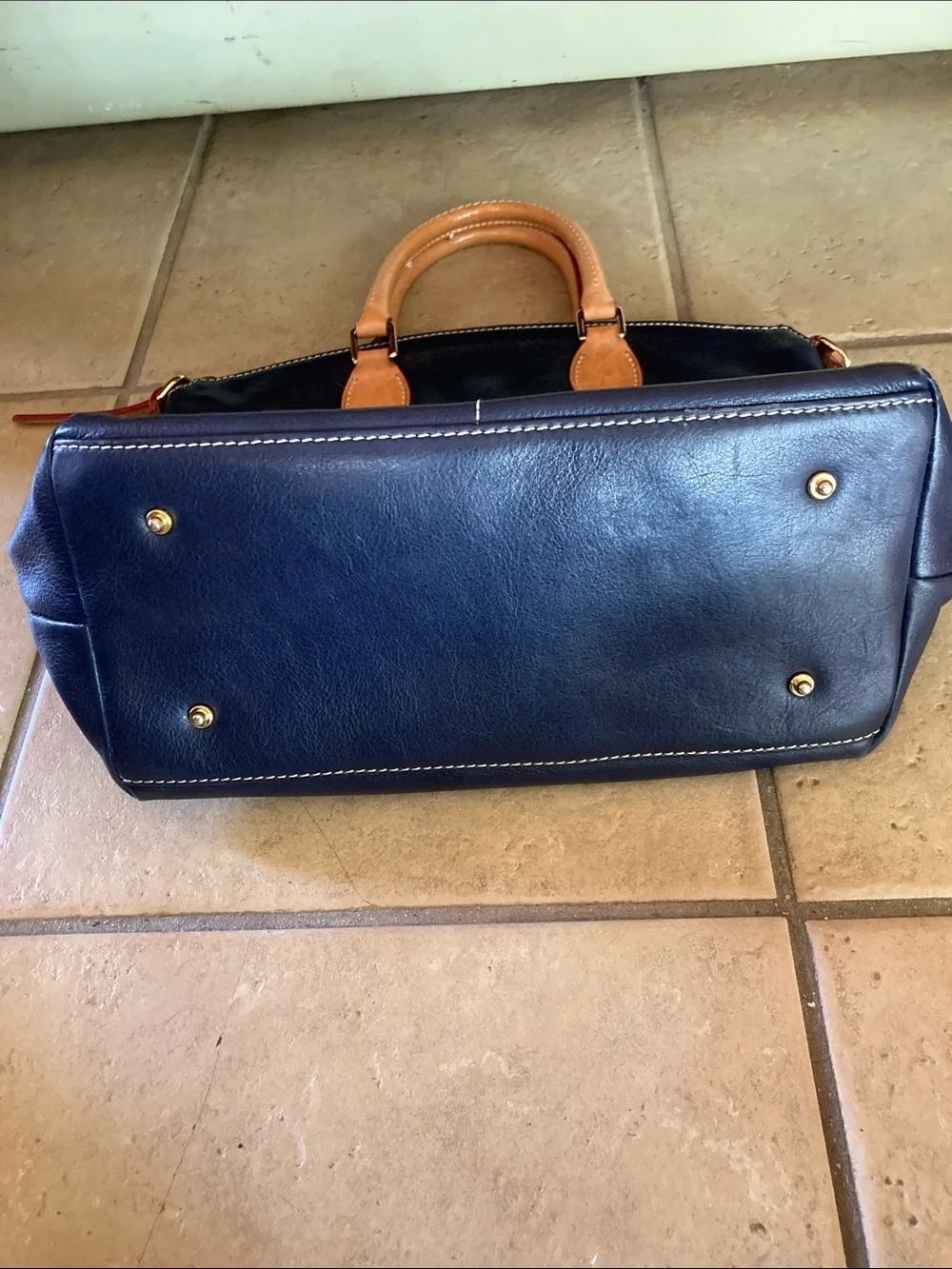 Dooney & Bourke Navy Leather Satchel with Tan Handles & Bag Protector